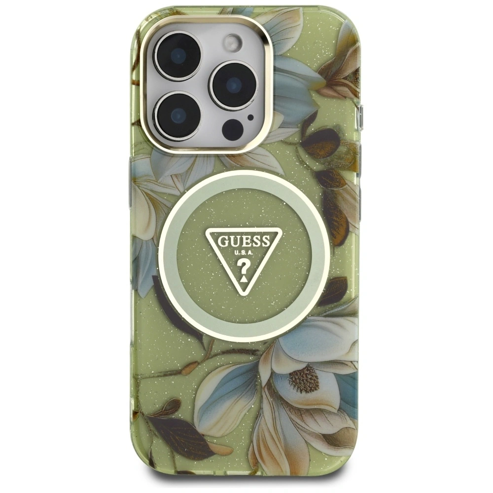 Hurtownia GSM - Guess Glitrové květiny trojúhelníkové tlačítka MagSafe Apple iPhone 16 Pro zelený - GUE4418 - {ean13} - Hurt