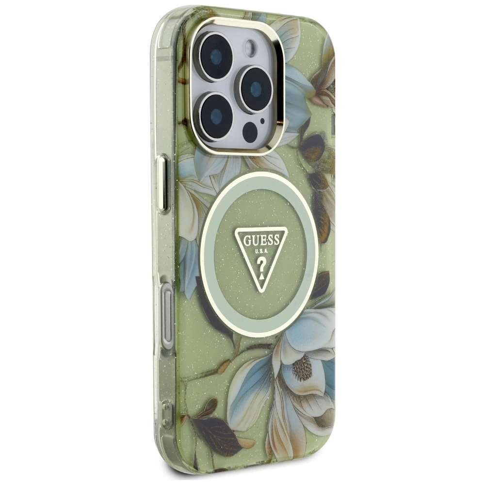 Hurtownia GSM - Guess Glitrové květiny trojúhelníkové tlačítka MagSafe Apple iPhone 16 Pro zelený - GUE4418 - {ean13} - Hurt