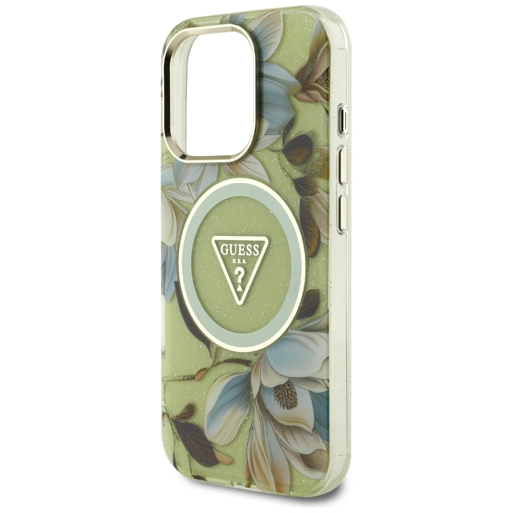 Hurtownia GSM - Guess Glitrové květiny trojúhelníkové tlačítka MagSafe Apple iPhone 16 Pro zelený - GUE4418 - {ean13} - Hurt