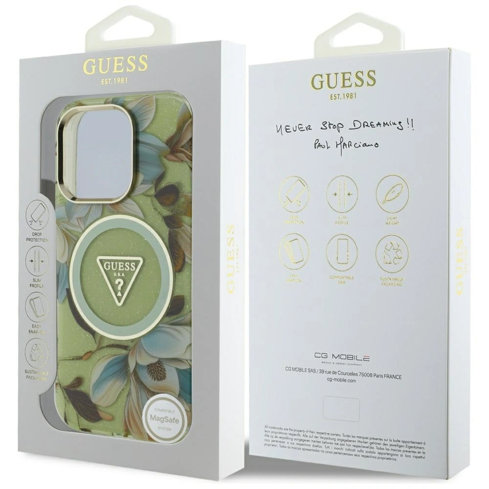 Hurtownia GSM - Guess Glitrové květiny trojúhelníkové tlačítka MagSafe Apple iPhone 16 Pro zelený - GUE4418 - {ean13} - Hurt