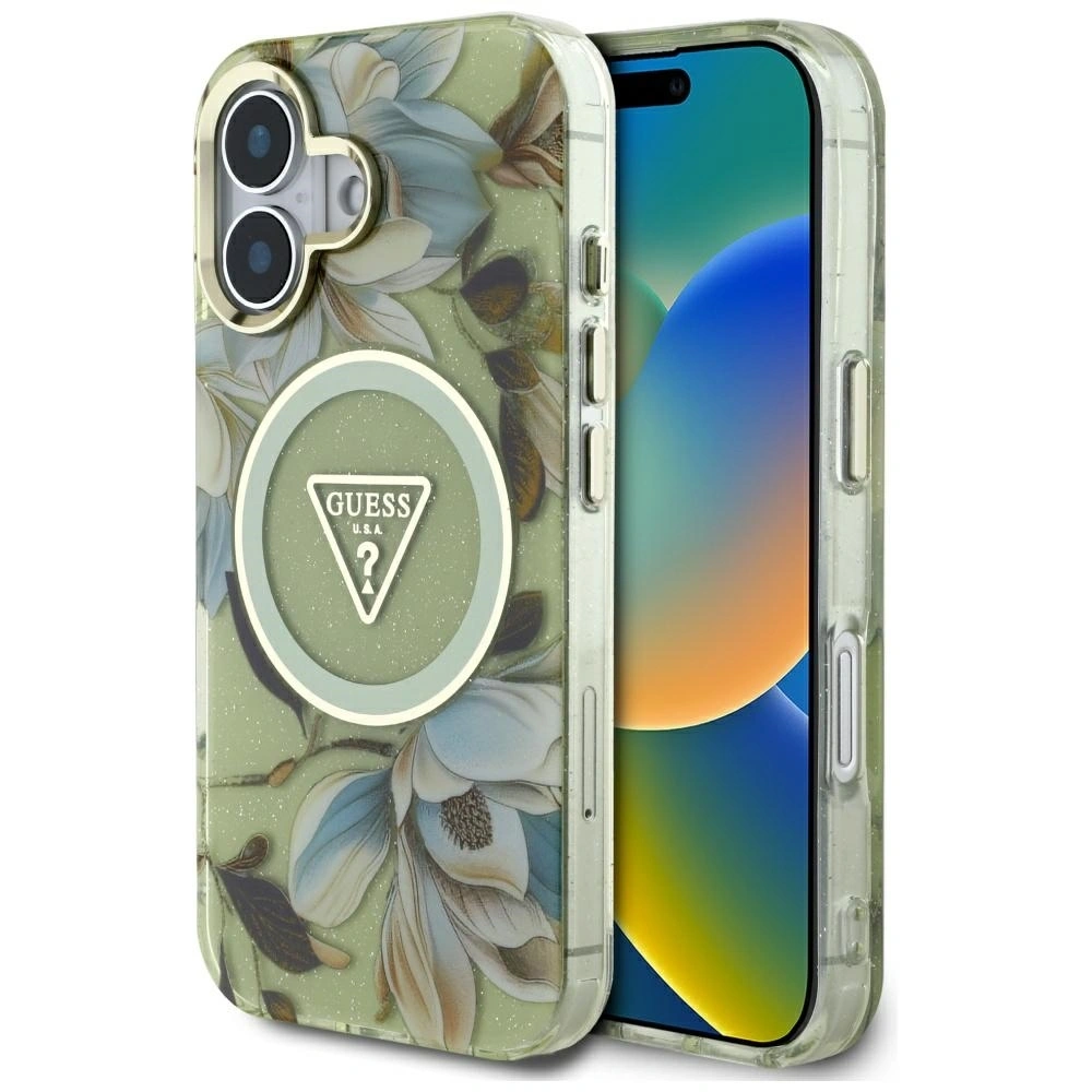 Hurtownia GSM - Guess Flori Strălucitoare Triunghi Butoane MagSafe Apple iPhone 16 verde - GUE4419 - {ean13} - Hurt