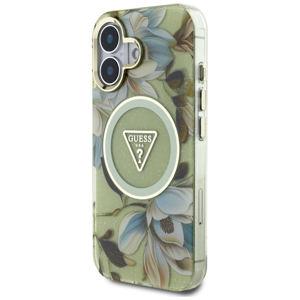 Hurtownia GSM - Guess Flori Strălucitoare Triunghi Butoane MagSafe Apple iPhone 16 verde - GUE4419 - {ean13} - Hurt