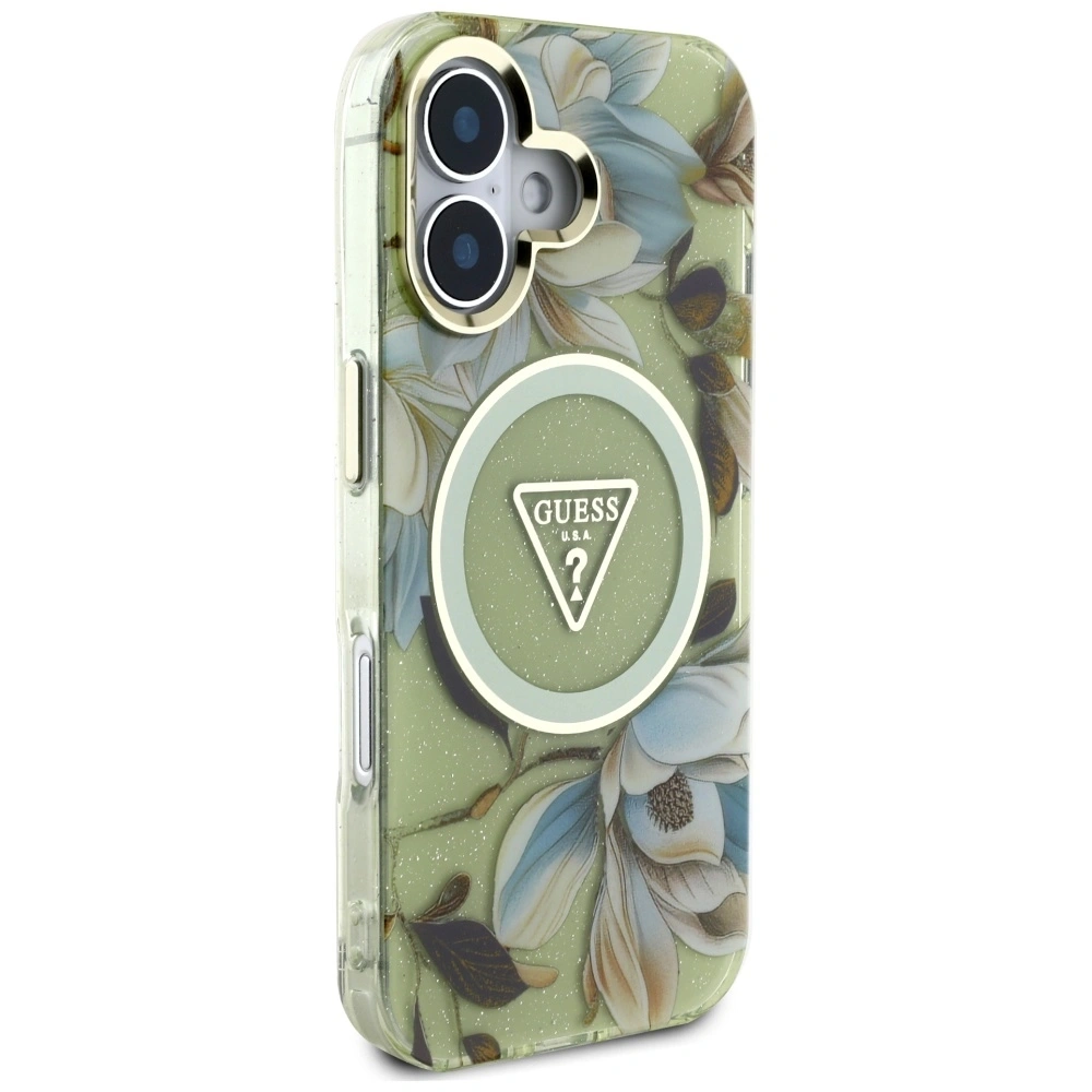 Hurtownia GSM - Guess Flori Strălucitoare Triunghi Butoane MagSafe Apple iPhone 16 verde - GUE4419 - {ean13} - Hurt
