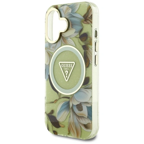 Etui Guess Glitter Flowers Triangle Buttons MagSafe do Apple iPhone 16 zielony