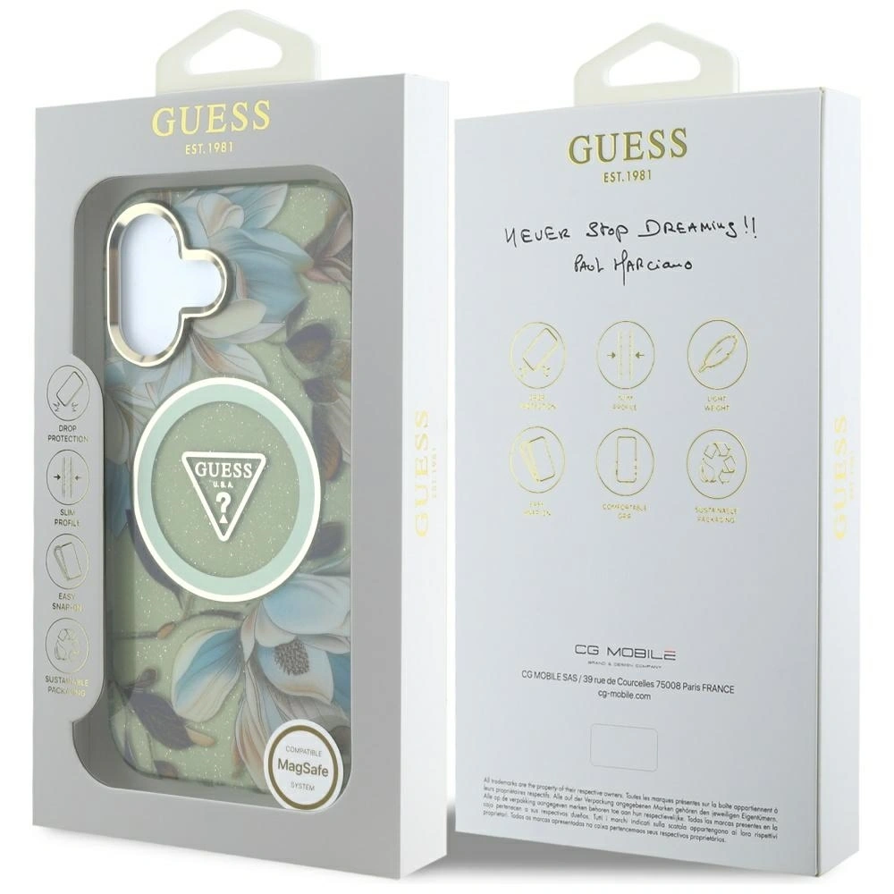 Hurtownia GSM - Guess Flori Strălucitoare Triunghi Butoane MagSafe Apple iPhone 16 verde - GUE4419 - {ean13} - Hurt