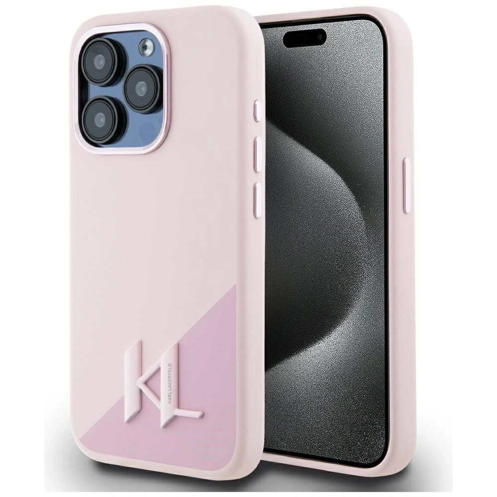 Wholesale Karl Lagerfeld Silicone Shadow Metal Initial MagSafe Apple iPhone 15 Pro pink - KLD21973 - {ean13} - Hurt