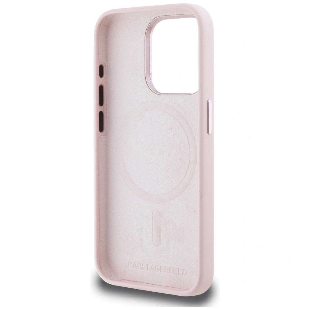 Wholesale Karl Lagerfeld Silicone Shadow Metal Initial MagSafe Apple iPhone 15 Pro pink - KLD21973 - {ean13} - Hurt