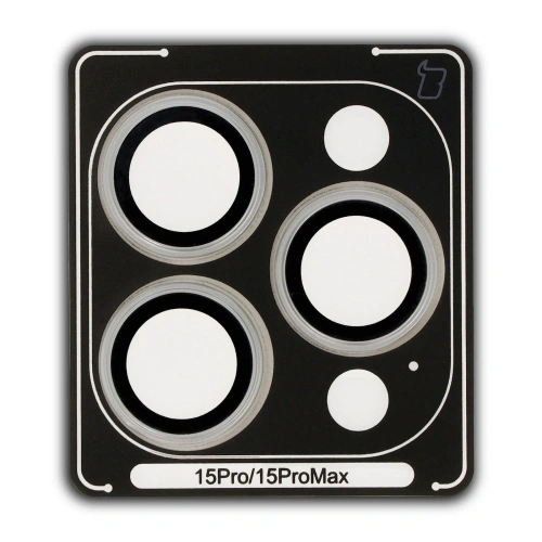 Szkło na aparat z aplikatorem Bizon Glass Snap Lens do Apple iPhone 15 Pro / 15 Pro Max srebrna ramka