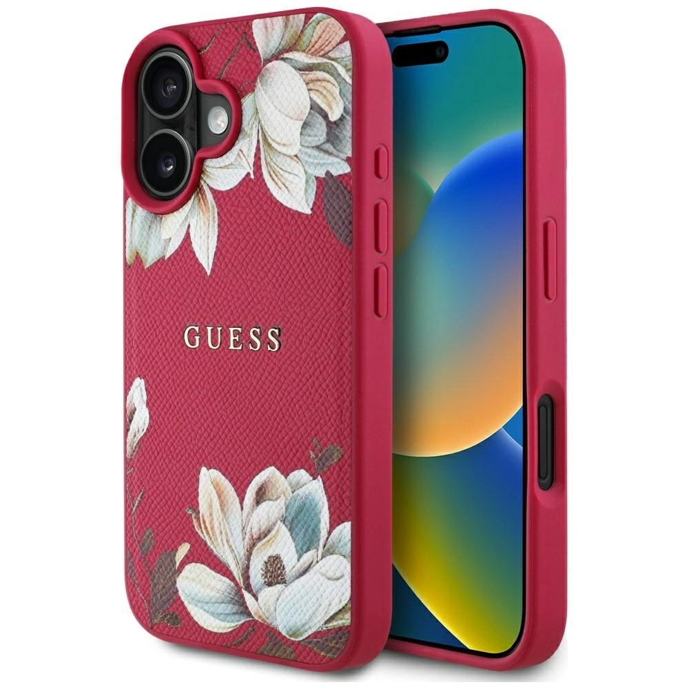 Wholesale Guess Grained Printed Flower Pattern MagSafe Apple iPhone 16 fuchsia - GUE4421 - {ean13} - Hurt