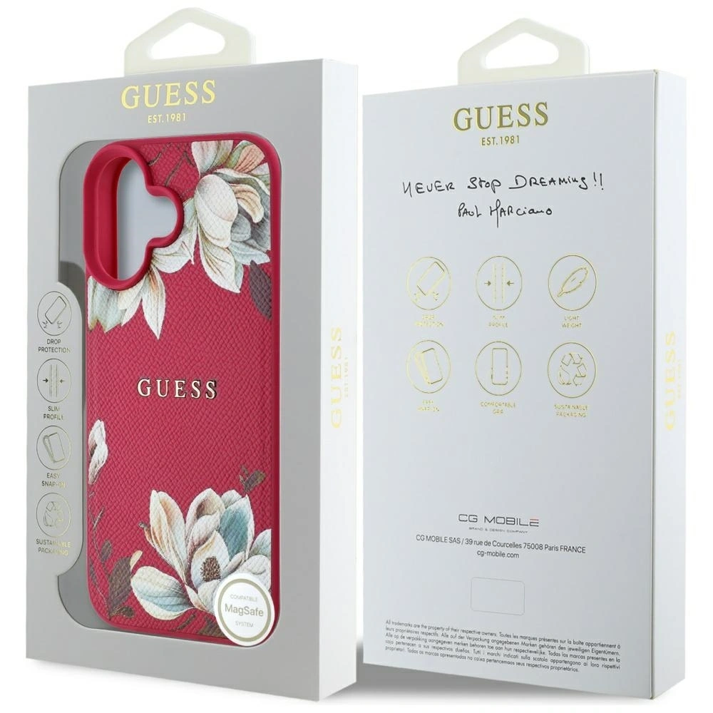 Hurtownia GSM - Guess Model imprimat cu flori texturat MagSafe Apple iPhone 16 fucsia - GUE4421 - {ean13} - Hurt