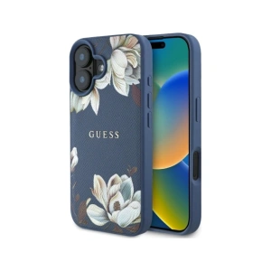 Wholesale Guess Grained Printed Flower Pattern MagSafe Apple iPhone 16 blue - GUE4422 - {ean13} - Hurt