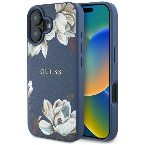 Etui Guess Grained Printed Flower Pattern MagSafe do Apple iPhone 16 niebieski