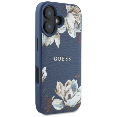 Etui Guess Grained Printed Flower Pattern MagSafe do Apple iPhone 16 niebieski