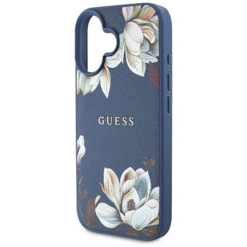 Etui Guess Grained Printed Flower Pattern MagSafe do Apple iPhone 16 niebieski