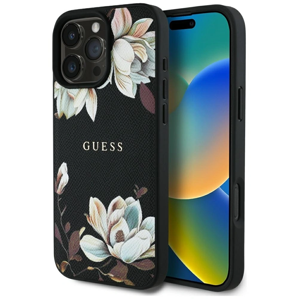 Wholesale Guess Grained Printed Flower Pattern MagSafe Apple iPhone 16 Pro black - GUE4423 - {ean13} - Hurt
