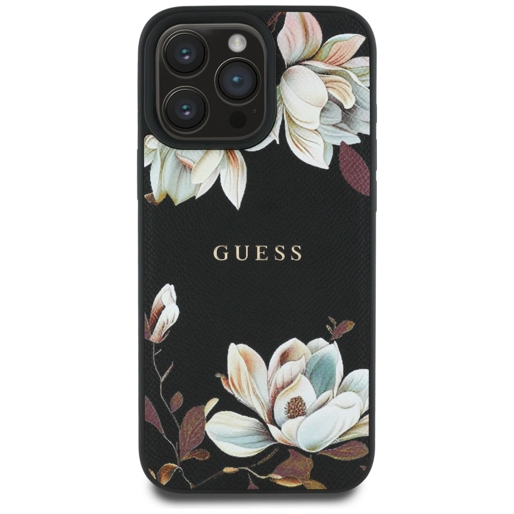 Wholesale Guess Grained Printed Flower Pattern MagSafe Apple iPhone 16 Pro black - GUE4423 - {ean13} - Hurt