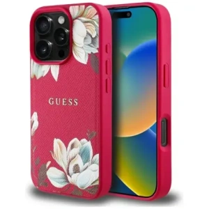 Wholesale Guess Grained Printed Flower Pattern MagSafe Apple iPhone 16 Pro Max fuchsia - GUE4426 - {ean13} - Hurt