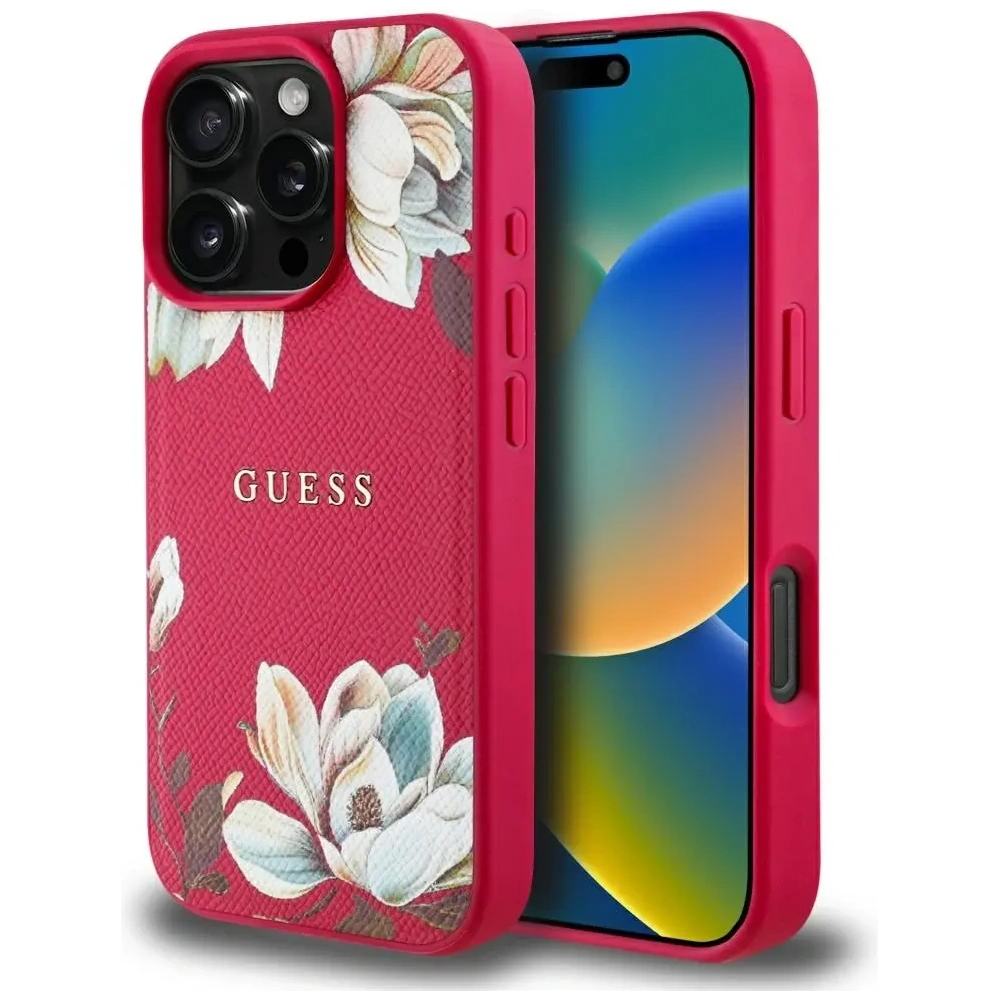 Wholesale Guess Grained Printed Flower Pattern MagSafe Apple iPhone 16 Pro Max fuchsia - GUE4426 - {ean13} - Hurt