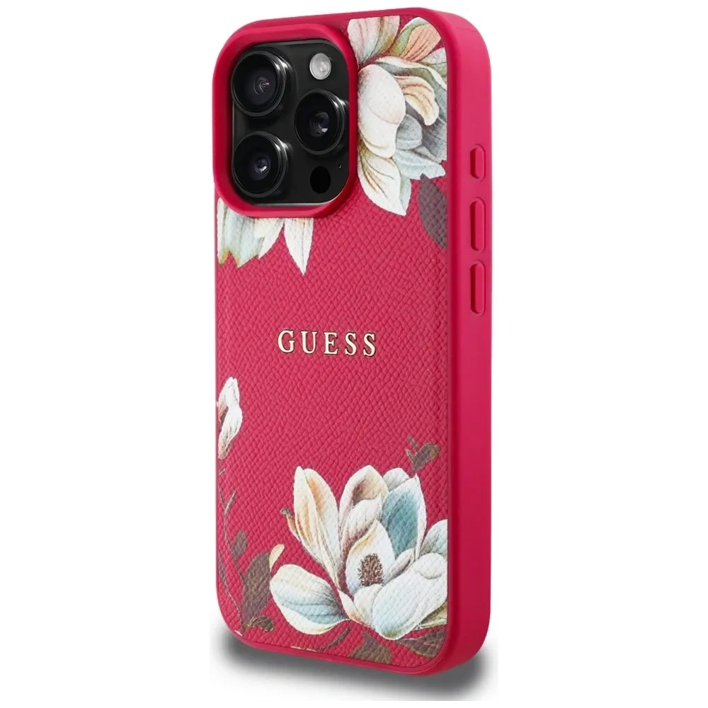 Wholesale Guess Grained Printed Flower Pattern MagSafe Apple iPhone 16 Pro Max fuchsia - GUE4426 - {ean13} - Hurt