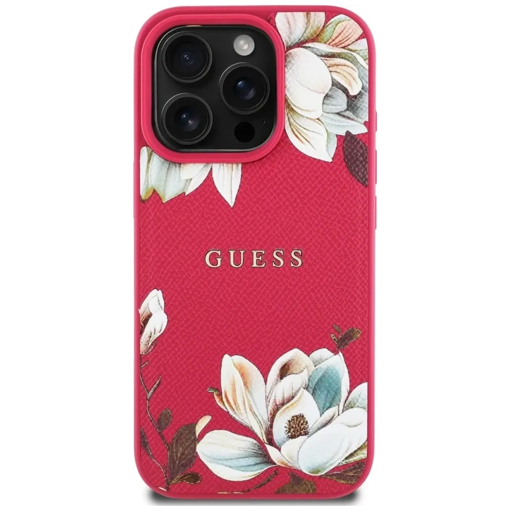 Wholesale Guess Grained Printed Flower Pattern MagSafe Apple iPhone 16 Pro Max fuchsia - GUE4426 - {ean13} - Hurt
