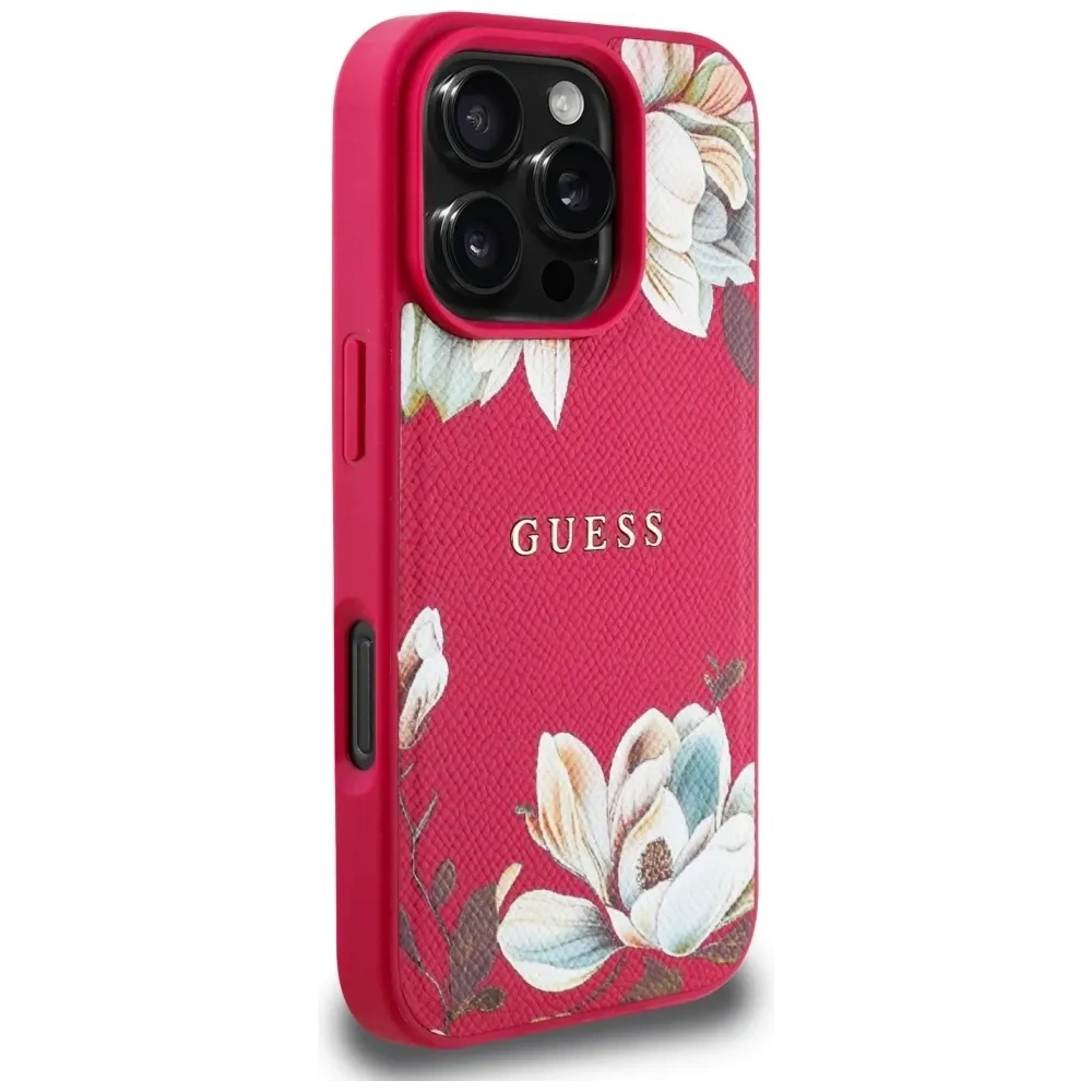 Wholesale Guess Grained Printed Flower Pattern MagSafe Apple iPhone 16 Pro Max fuchsia - GUE4426 - {ean13} - Hurt