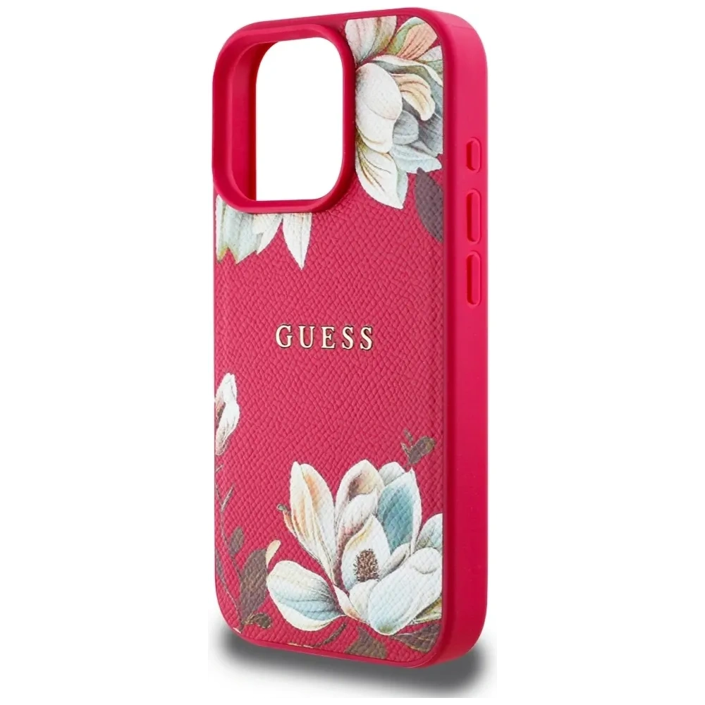 Wholesale Guess Grained Printed Flower Pattern MagSafe Apple iPhone 16 Pro Max fuchsia - GUE4426 - {ean13} - Hurt
