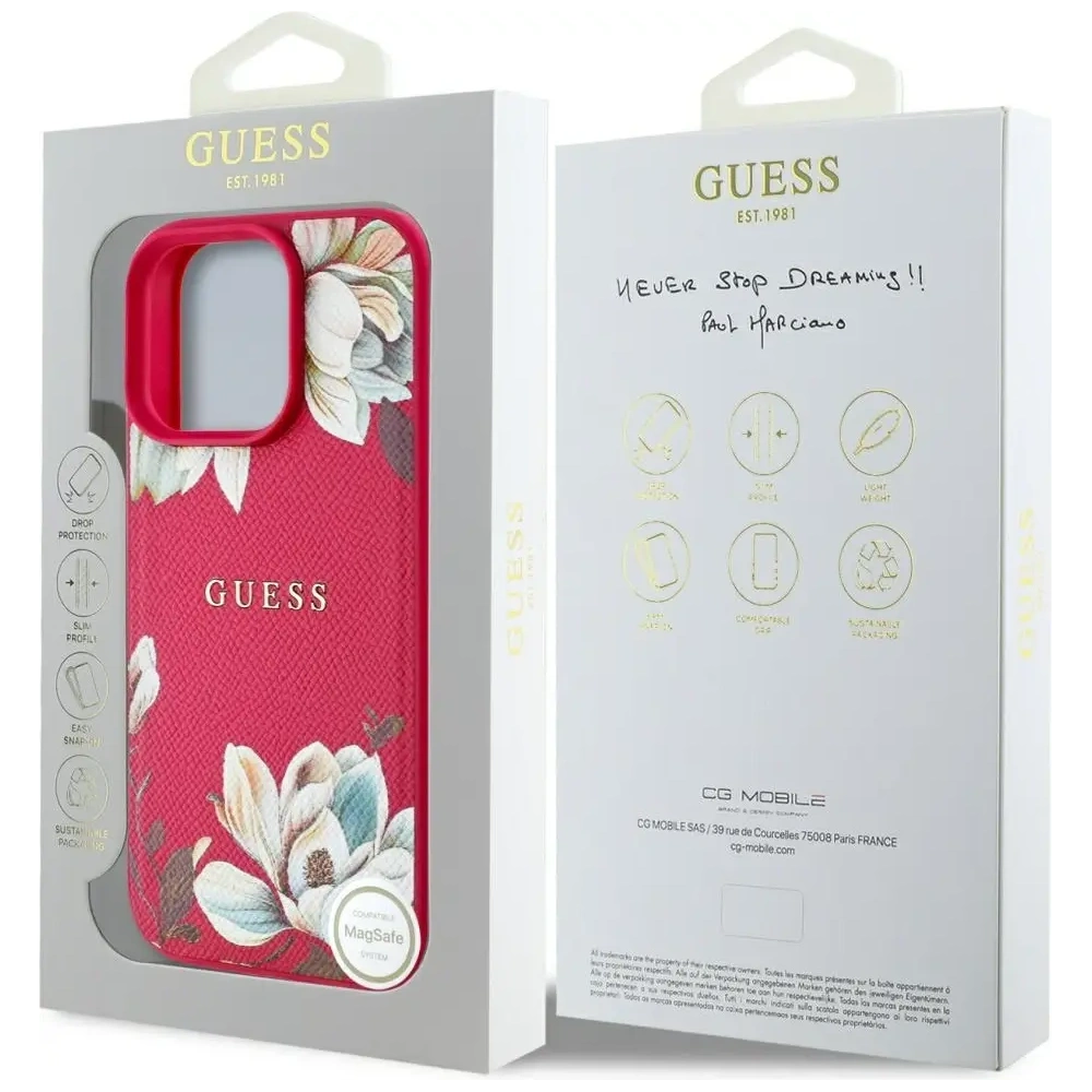 Wholesale Guess Grained Printed Flower Pattern MagSafe Apple iPhone 16 Pro Max fuchsia - GUE4426 - {ean13} - Hurt