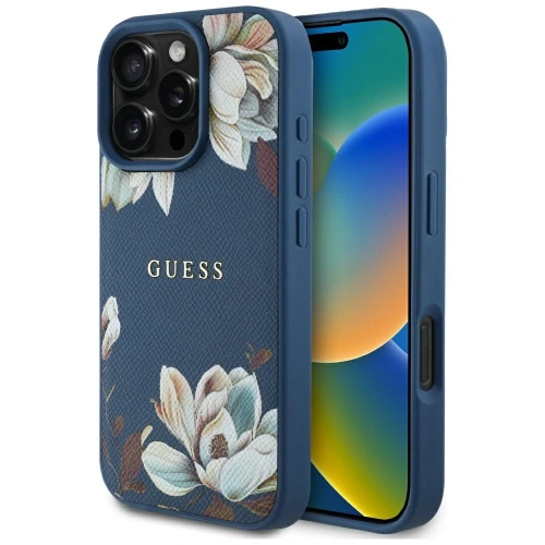 Etui Guess Grained Printed Flower Pattern MagSafe do Apple iPhone 16 Pro Max niebieski