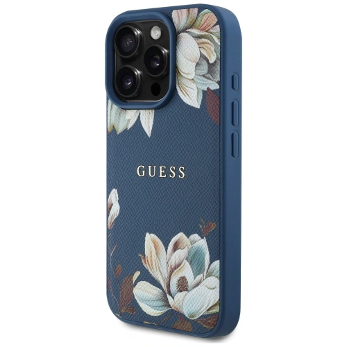 Etui Guess Grained Printed Flower Pattern MagSafe do Apple iPhone 16 Pro Max niebieski