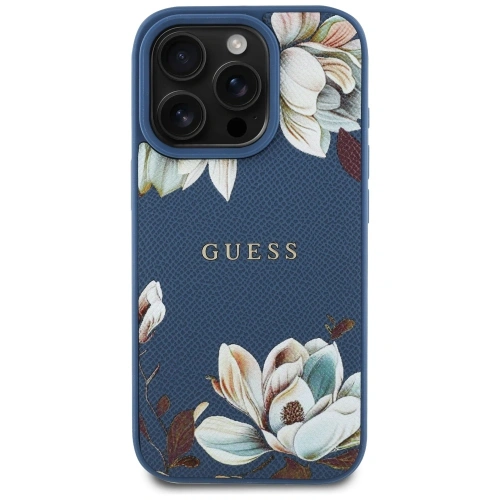 Etui Guess Grained Printed Flower Pattern MagSafe do Apple iPhone 16 Pro Max niebieski