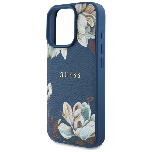 Etui Guess Grained Printed Flower Pattern MagSafe do Apple iPhone 16 Pro Max niebieski
