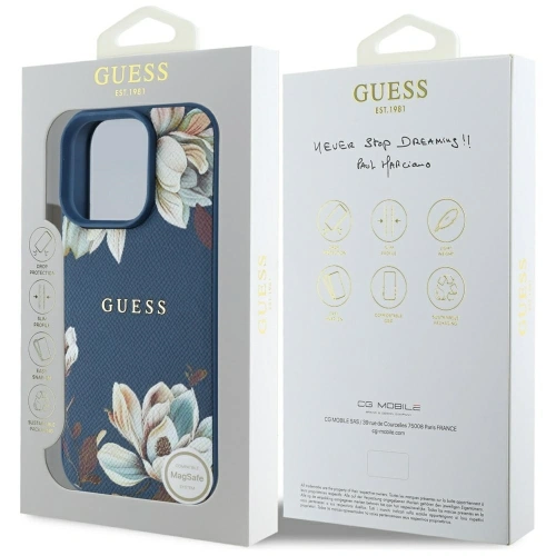 Etui Guess Grained Printed Flower Pattern MagSafe do Apple iPhone 16 Pro Max niebieski