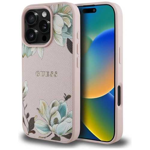 Etui Guess Grained Printed Flower Pattern MagSafe do Apple iPhone 16 Pro Max różowy