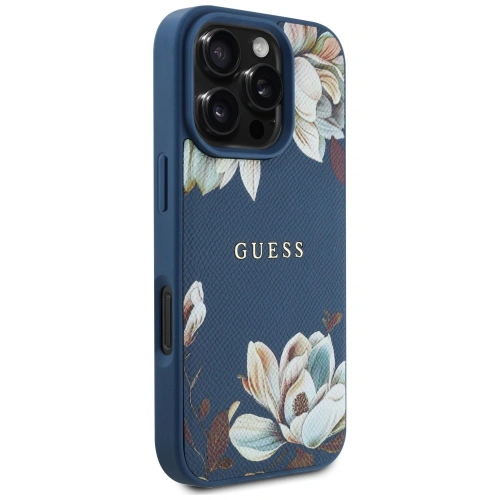 Etui Guess Grained Printed Flower Pattern MagSafe do Apple iPhone 16 Pro niebieski