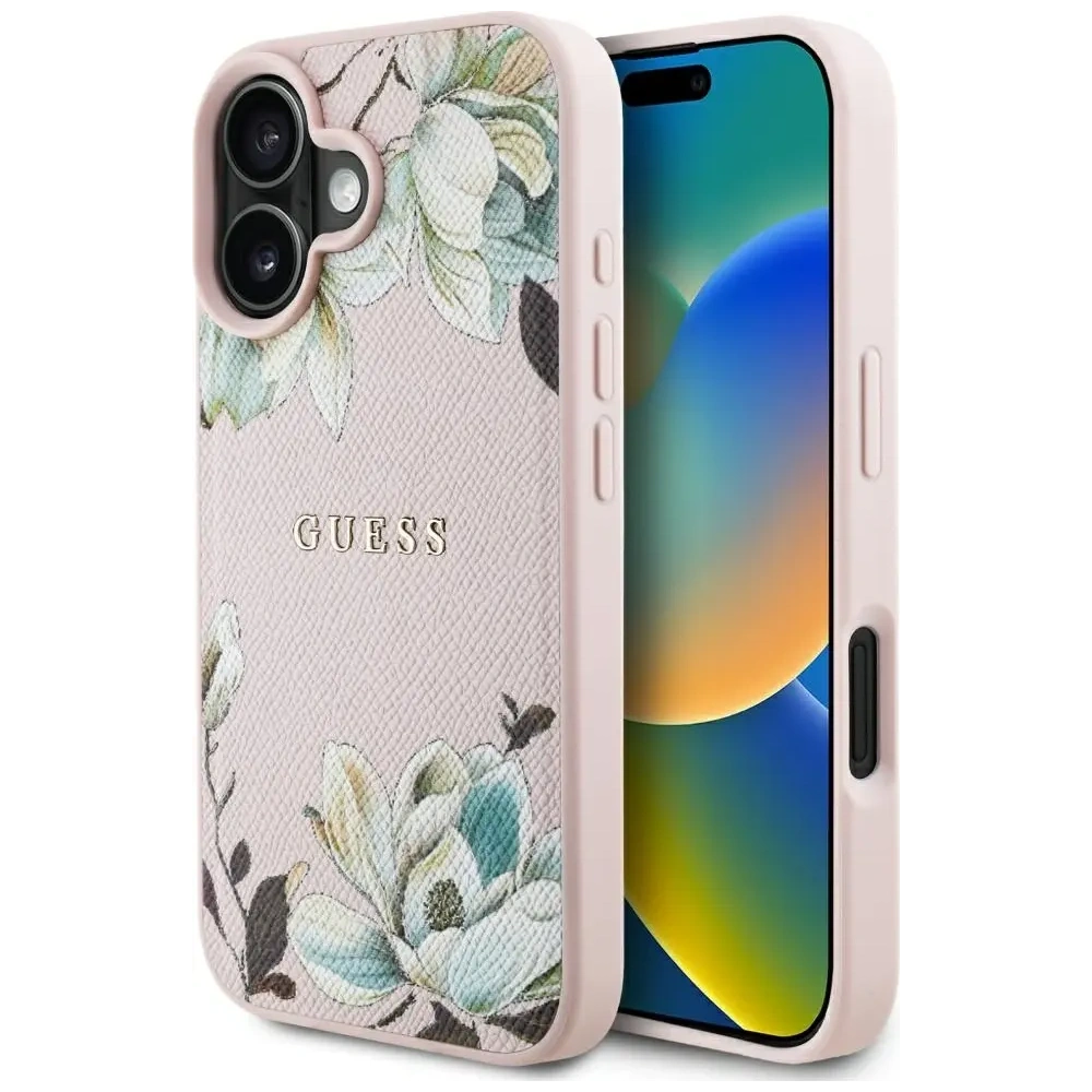 Hurtownia GSM - Guess Model cu Flori Tipărite Granulate MagSafe Apple iPhone 16 roz - GUE4431 - {ean13} - Hurt