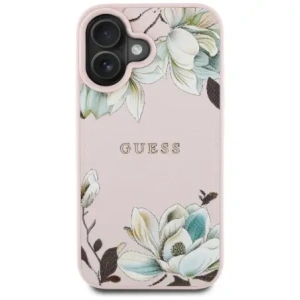 Wholesale Guess Grained Printed Flower Pattern MagSafe Apple iPhone 16 pink - GUE4431 - {ean13} - Hurt