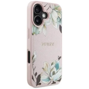 Wholesale Guess Grained Printed Flower Pattern MagSafe Apple iPhone 16 pink - GUE4431 - {ean13} - Hurt