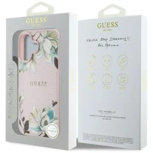 Wholesale Guess Grained Printed Flower Pattern MagSafe Apple iPhone 16 pink - GUE4431 - {ean13} - Hurt