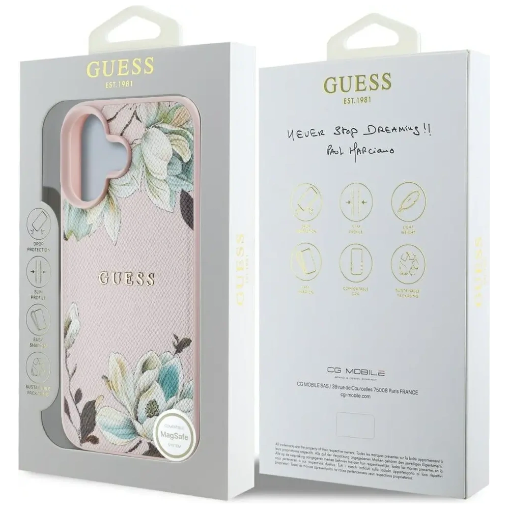 Hurtownia GSM - Guess Model cu Flori Tipărite Granulate MagSafe Apple iPhone 16 roz - GUE4431 - {ean13} - Hurt
