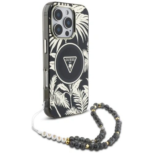 Etui Guess Palm Trees Triangle Pearl Strap MagSafe do Apple iPhone 16 Pro czarny