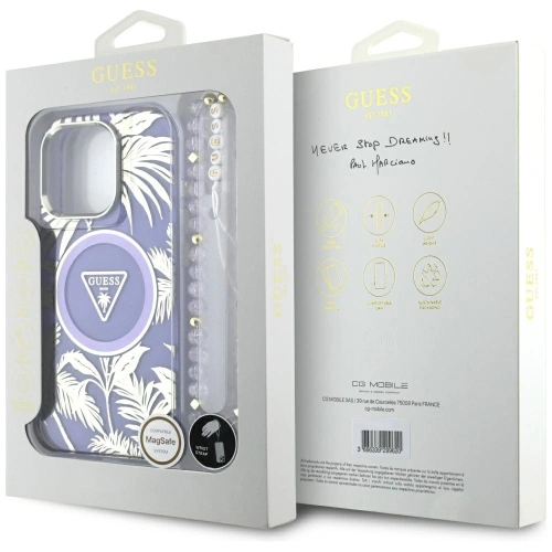 Etui Guess Palm Trees Triangle Pearl Strap MagSafe do Apple iPhone 16 Pro Max fioletowy