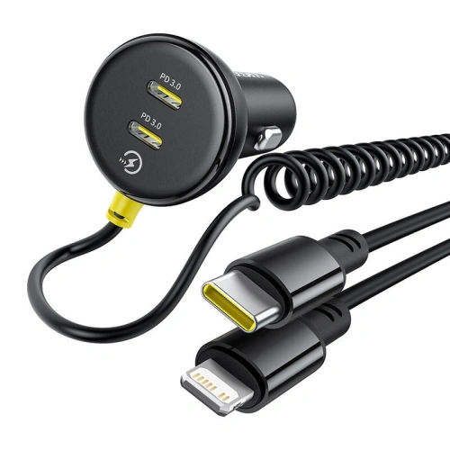 Ładowarka samochodowa Baseus 60W 2xUSB-C + wbudowany kabel USB-C, Lightning (Czarna)