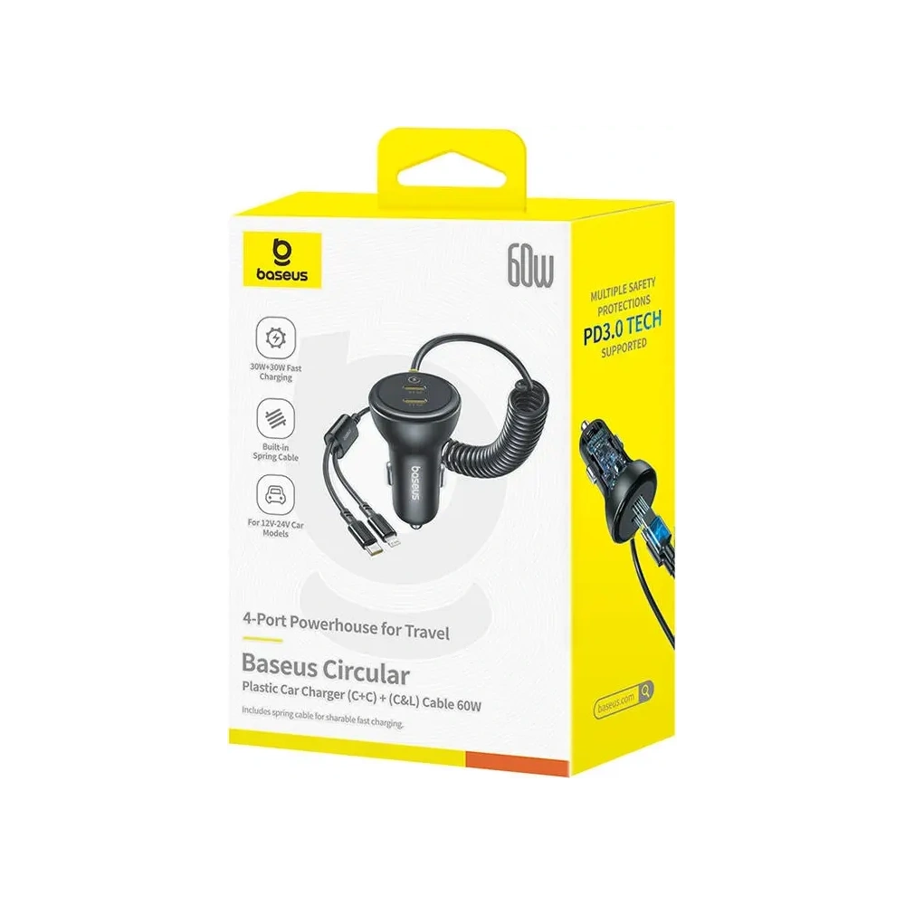 Hurtownia GSM - Baseus 60W 2xUSB-C auto nabíječka + vestavěný USB-C, Lightning kabel (Černá) - BSU8934 - {ean13} - Hurt