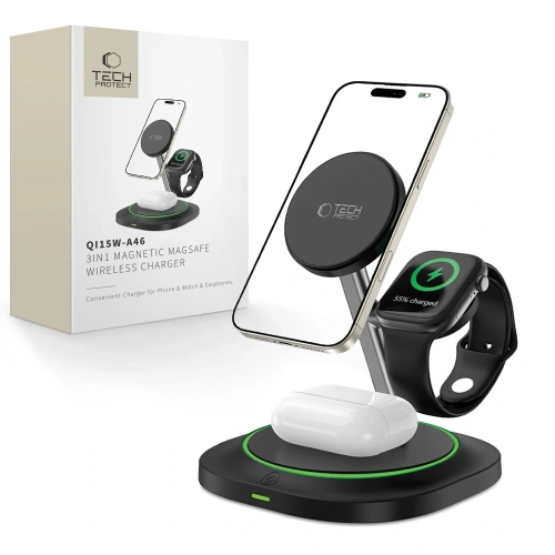 Ładowarka bezprzewodowa 3w1 Tech-Protect QI15W-A46 Magnetic MagSafe Wireless Charger Black