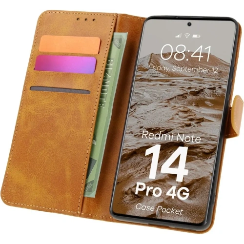 Etui z klapką Bizon Case Pocket do Xiaomi Redmi Note 14 Pro 4G brązowe