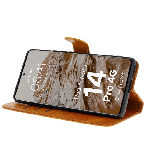 Etui z klapką Bizon Case Pocket do Xiaomi Redmi Note 14 Pro 4G brązowe
