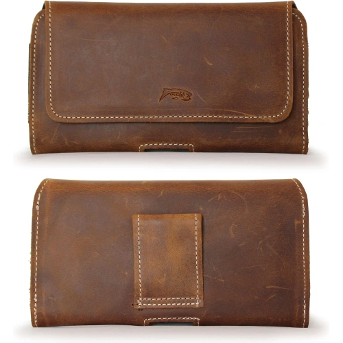 Skórzana kabura LURESKO FREYA XL do paska etui na telefon 165x82x10mm (brąz vintage biała nić)