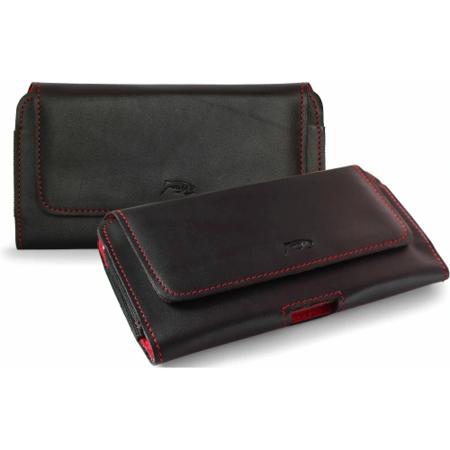 Skórzana kabura LURESKO FREYA XL do paska etui na telefon 165x82x10mm (czarny gładki czerwona nić czerwony środek)