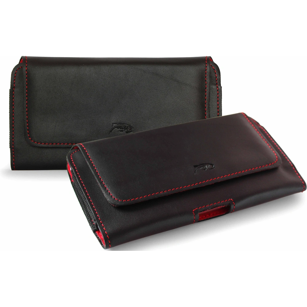 Wholesale LURESKO FREYA XL leather holster for belt, phone case 165x82x10mm (black smooth with red thread and red interior) - LUR5 - {ean13} - Hurt