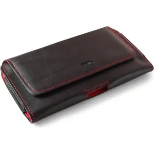 Wholesale LURESKO FREYA XL leather holster for belt, phone case 165x82x10mm (black smooth with red thread and red interior) - LUR5 - {ean13} - Hurt